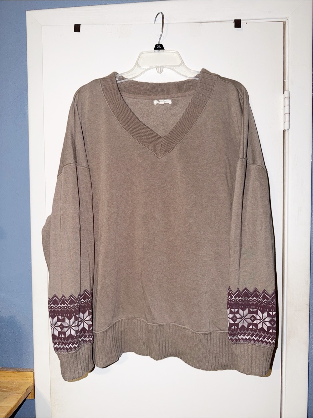 Womens  V-Neck Brown Sweat Shirt  with Patterned Cuffs-  Maurice's